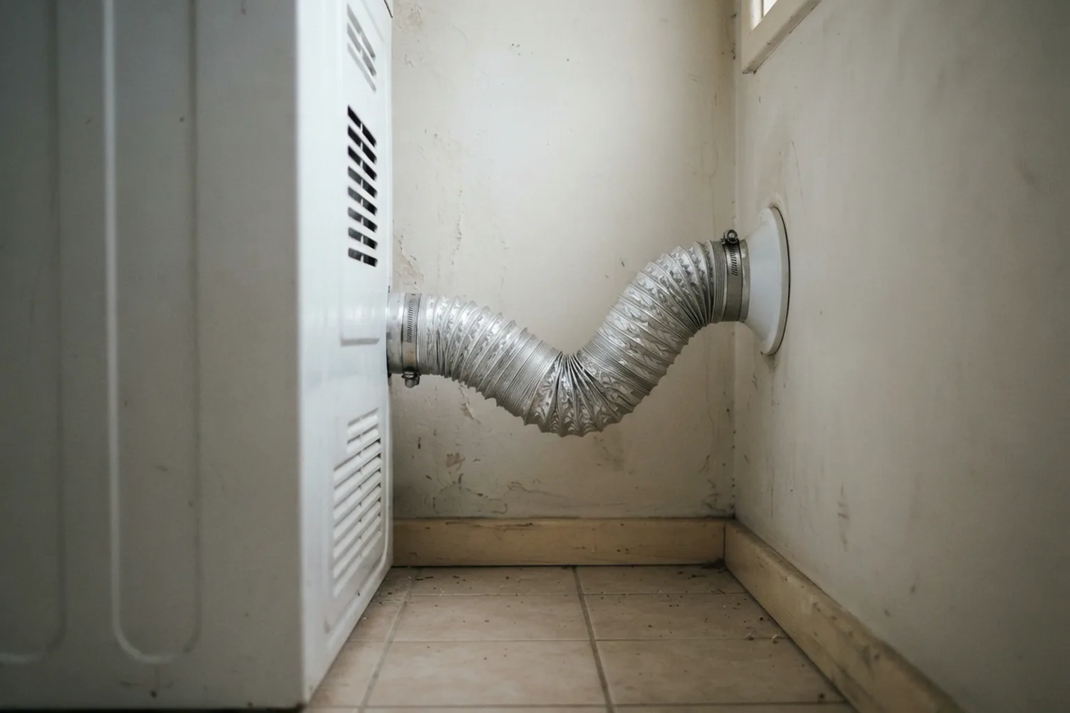 Flexible foil dryer duct sagging and kinked between a clothes dryer and the wall vent
