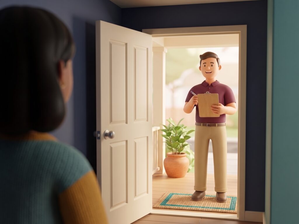 A homeowner looking through a half-open front door at a salesperson holding a clipboard