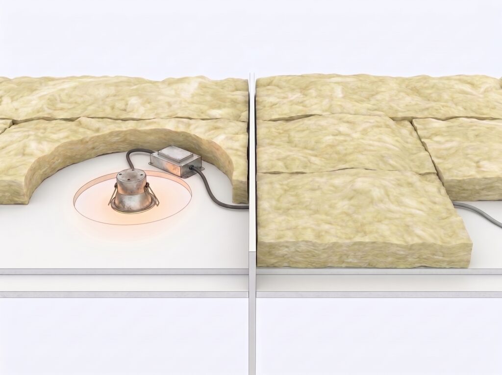 Seen from the roof space: an old halogen downlight with its transformer and a ring kept clear of insulation, next to a ceiling where batts lie right over a modern downlight