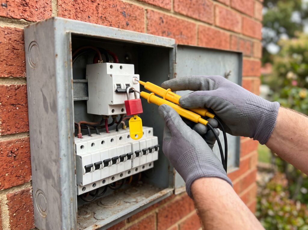 An electrician's gloved hands testing a home switchboard, with the main switch locked off and tagged