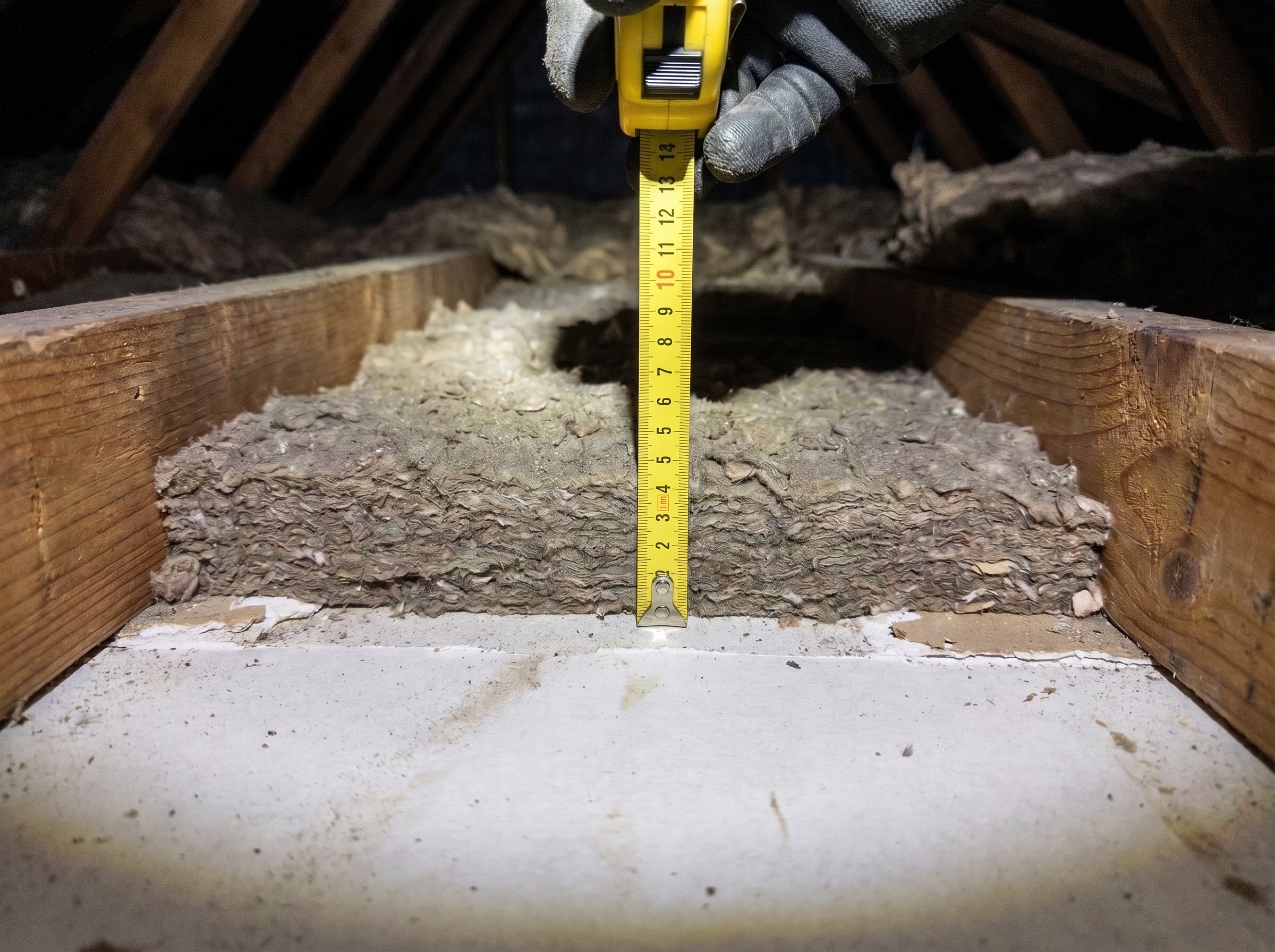 A tape measure standing on the ceiling plasterboard between two joists, showing old loose-fill insulation about 6 cm deep, lower than the joists