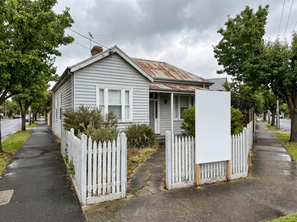 A single-storey weatherboard rental home in Melbourne with a blank real-estate signboard at the front fence