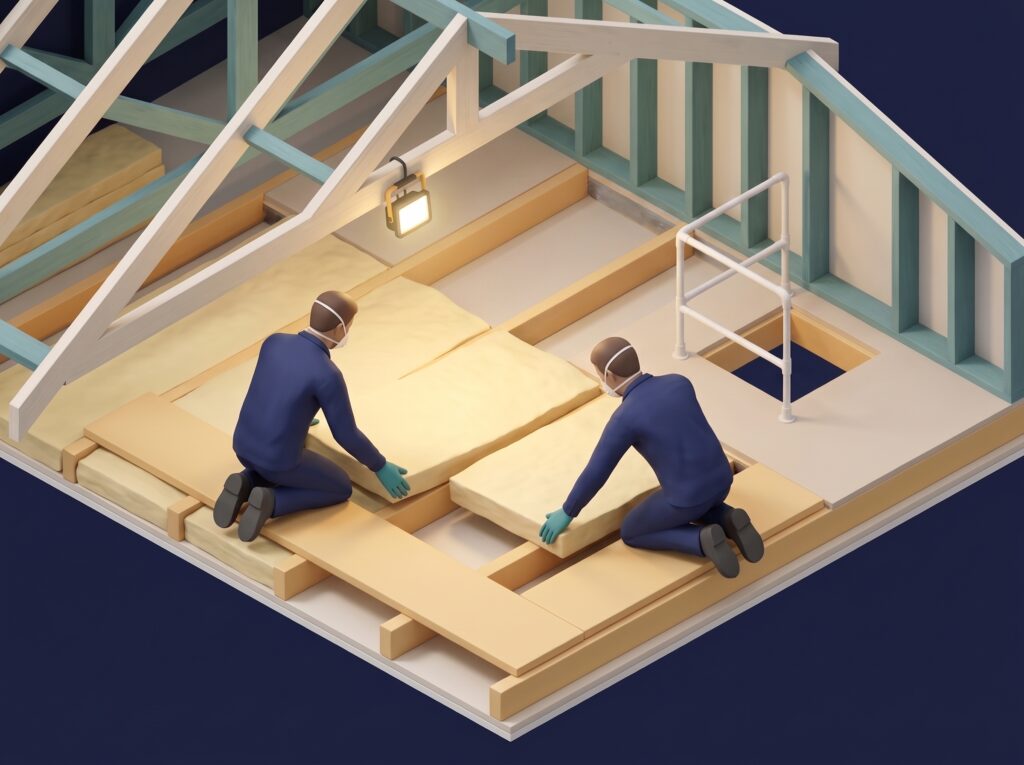 Two installers in masks and gloves kneeling on crawl boards in a roof space, laying batts between the ceiling joists, with a work light and a rail at the manhole