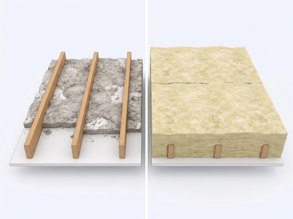 Two ceiling sections side by side: thin grey old insulation below the top of the joists, and thick new batts rising well above them