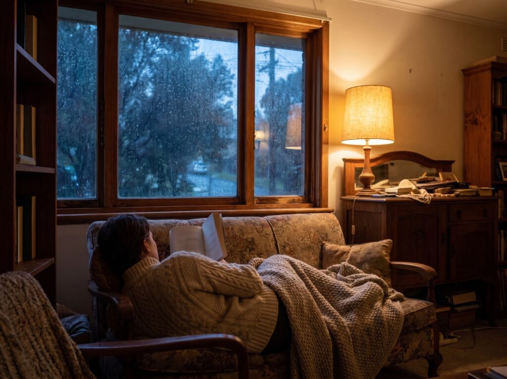 A warm, softly lit Melbourne living room on a rainy winter evening, with someone reading under a knitted throw